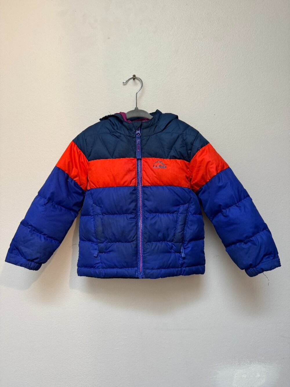 L.L.Bean DownTek Down Puffer Jacket Toddler 3T Blue Orange Fleece Lined Hood